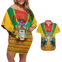Guyana Emancipation Day Couples Matching Off Shoulder Short Dress and Hawaiian Shirt Guyanese And Pride - Wonder Print Shop