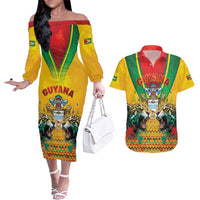 Guyana Emancipation Day Couples Matching Off The Shoulder Long Sleeve Dress and Hawaiian Shirt Guyanese And Pride - Wonder Print Shop