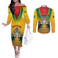 Guyana Emancipation Day Couples Matching Off The Shoulder Long Sleeve Dress and Long Sleeve Button Shirt Guyanese And Pride - Wonder Print Shop