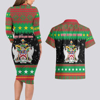 Saint Kitts And Nevis Christmas Couples Matching Long Sleeve Bodycon Dress and Hawaiian Shirt Coat Of Arms Xmas Vibe - Wonder Print Shop