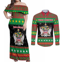 Saint Kitts And Nevis Christmas Couples Matching Off Shoulder Maxi Dress and Long Sleeve Button Shirt Coat Of Arms Xmas Vibe - Wonder Print Shop