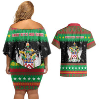 Saint Kitts And Nevis Christmas Couples Matching Off Shoulder Short Dress and Hawaiian Shirt Coat Of Arms Xmas Vibe - Wonder Print Shop