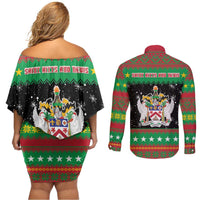 Saint Kitts And Nevis Christmas Couples Matching Off Shoulder Short Dress and Long Sleeve Button Shirt Coat Of Arms Xmas Vibe - Wonder Print Shop