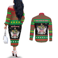 Saint Kitts And Nevis Christmas Couples Matching Off The Shoulder Long Sleeve Dress and Long Sleeve Button Shirt Coat Of Arms Xmas Vibe - Wonder Print Shop