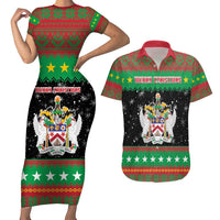Saint Kitts And Nevis Christmas Couples Matching Short Sleeve Bodycon Dress and Hawaiian Shirt Coat Of Arms Xmas Vibe - Wonder Print Shop
