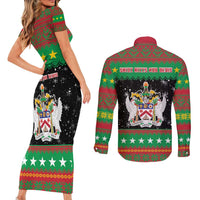Saint Kitts And Nevis Christmas Couples Matching Short Sleeve Bodycon Dress and Long Sleeve Button Shirt Coat Of Arms Xmas Vibe - Wonder Print Shop