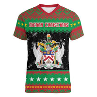 Saint Kitts And Nevis Christmas Women V-Neck T-Shirt Coat Of Arms Xmas Vibe - Wonder Print Shop