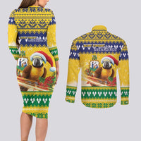 Saint Vincent And The Grenadines Christmas Couples Matching Long Sleeve Bodycon Dress and Long Sleeve Button Shirt Santa Vincent Parrot With Coat Of Arms - Wonder Print Shop