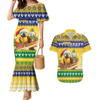 Saint Vincent And The Grenadines Christmas Couples Matching Mermaid Dress and Hawaiian Shirt Santa Vincent Parrot With Coat Of Arms - Wonder Print Shop