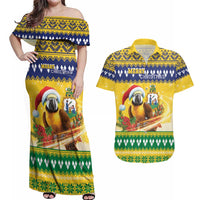 Saint Vincent And The Grenadines Christmas Couples Matching Off Shoulder Maxi Dress and Hawaiian Shirt Santa Vincent Parrot With Coat Of Arms - Wonder Print Shop