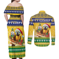 Saint Vincent And The Grenadines Christmas Couples Matching Off Shoulder Maxi Dress and Long Sleeve Button Shirt Santa Vincent Parrot With Coat Of Arms - Wonder Print Shop