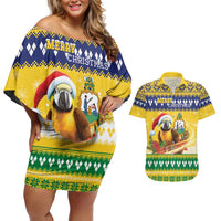 Saint Vincent And The Grenadines Christmas Couples Matching Off Shoulder Short Dress and Hawaiian Shirt Santa Vincent Parrot With Coat Of Arms - Wonder Print Shop
