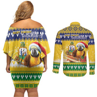Saint Vincent And The Grenadines Christmas Couples Matching Off Shoulder Short Dress and Long Sleeve Button Shirt Santa Vincent Parrot With Coat Of Arms - Wonder Print Shop