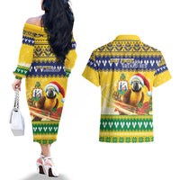 Saint Vincent And The Grenadines Christmas Couples Matching Off The Shoulder Long Sleeve Dress and Hawaiian Shirt Santa Vincent Parrot With Coat Of Arms - Wonder Print Shop