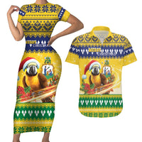 Saint Vincent And The Grenadines Christmas Couples Matching Short Sleeve Bodycon Dress and Hawaiian Shirt Santa Vincent Parrot With Coat Of Arms - Wonder Print Shop