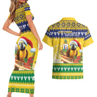 Saint Vincent And The Grenadines Christmas Couples Matching Short Sleeve Bodycon Dress and Hawaiian Shirt Santa Vincent Parrot With Coat Of Arms - Wonder Print Shop