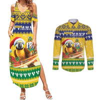Saint Vincent And The Grenadines Christmas Couples Matching Summer Maxi Dress and Long Sleeve Button Shirt Santa Vincent Parrot With Coat Of Arms - Wonder Print Shop