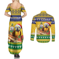 Saint Vincent And The Grenadines Christmas Couples Matching Summer Maxi Dress and Long Sleeve Button Shirt Santa Vincent Parrot With Coat Of Arms - Wonder Print Shop
