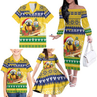 Saint Vincent And The Grenadines Christmas Family Matching Off The Shoulder Long Sleeve Dress and Hawaiian Shirt Santa Vincent Parrot With Coat Of Arms - Wonder Print Shop