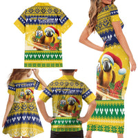 Saint Vincent And The Grenadines Christmas Family Matching Short Sleeve Bodycon Dress and Hawaiian Shirt Santa Vincent Parrot With Coat Of Arms - Wonder Print Shop