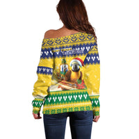 Saint Vincent And The Grenadines Christmas Off Shoulder Sweater Santa Vincent Parrot With Coat Of Arms - Wonder Print Shop