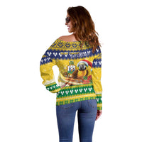 Saint Vincent And The Grenadines Christmas Off Shoulder Sweater Santa Vincent Parrot With Coat Of Arms - Wonder Print Shop