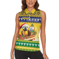 Saint Vincent And The Grenadines Christmas Women Sleeveless Polo Shirt Santa Vincent Parrot With Coat Of Arms - Wonder Print Shop