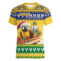 Saint Vincent And The Grenadines Christmas Women V-Neck T-Shirt Santa Vincent Parrot With Coat Of Arms - Wonder Print Shop