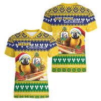 Saint Vincent And The Grenadines Christmas Women V-Neck T-Shirt Santa Vincent Parrot With Coat Of Arms - Wonder Print Shop