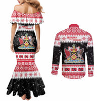 Trinidad And Tobago Christmas Couples Matching Mermaid Dress and Long Sleeve Button Shirt Funny Santa Riding Scarlet Ibis - Wonder Print Shop