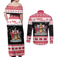 Trinidad And Tobago Christmas Couples Matching Off Shoulder Maxi Dress and Long Sleeve Button Shirt Funny Santa Riding Scarlet Ibis - Wonder Print Shop