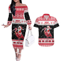 Trinidad And Tobago Christmas Couples Matching Off The Shoulder Long Sleeve Dress and Hawaiian Shirt Funny Santa Riding Scarlet Ibis - Wonder Print Shop
