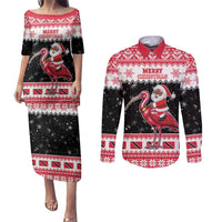 Trinidad And Tobago Christmas Couples Matching Puletasi and Long Sleeve Button Shirt Funny Santa Riding Scarlet Ibis - Wonder Print Shop