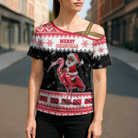 Trinidad And Tobago Christmas Cross Shoulder Shirt Funny Santa Riding Scarlet Ibis - Wonder Print Shop