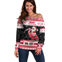 Trinidad And Tobago Christmas Off Shoulder Sweater Funny Santa Riding Scarlet Ibis - Wonder Print Shop