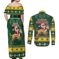 South Africa Christmas Couples Matching Off Shoulder Maxi Dress and Long Sleeve Button Shirt Funny Santa Riding Springbok LT05 - Wonder Print Shop