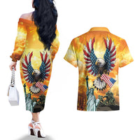 United States Fourth Of July Couples Matching Off The Shoulder Long Sleeve Dress and Hawaiian Shirt Happy Independence Day