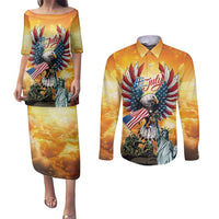 United States Fourth Of July Couples Matching Puletasi and Long Sleeve Button Shirt Happy Independence Day
