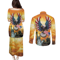 United States Fourth Of July Couples Matching Puletasi and Long Sleeve Button Shirt Happy Independence Day