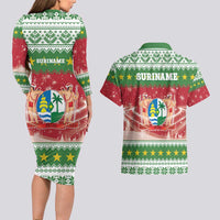 Suriname Christmas Couples Matching Long Sleeve Bodycon Dress and Hawaiian Shirt Coat Of Arms Zalig Kersfeest - Wonder Print Shop