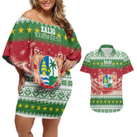 Suriname Christmas Couples Matching Off Shoulder Short Dress and Hawaiian Shirt Coat Of Arms Zalig Kersfeest - Wonder Print Shop