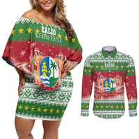 Suriname Christmas Couples Matching Off Shoulder Short Dress and Long Sleeve Button Shirt Coat Of Arms Zalig Kersfeest - Wonder Print Shop