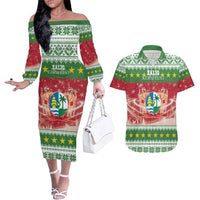 Suriname Christmas Couples Matching Off The Shoulder Long Sleeve Dress and Hawaiian Shirt Coat Of Arms Zalig Kersfeest - Wonder Print Shop