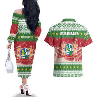 Suriname Christmas Couples Matching Off The Shoulder Long Sleeve Dress and Hawaiian Shirt Coat Of Arms Zalig Kersfeest - Wonder Print Shop