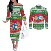 Suriname Christmas Couples Matching Off The Shoulder Long Sleeve Dress and Long Sleeve Button Shirt Coat Of Arms Zalig Kersfeest - Wonder Print Shop
