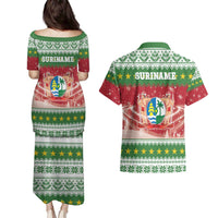 Suriname Christmas Couples Matching Puletasi and Hawaiian Shirt Coat Of Arms Zalig Kersfeest - Wonder Print Shop