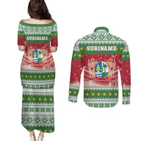 Suriname Christmas Couples Matching Puletasi and Long Sleeve Button Shirt Coat Of Arms Zalig Kersfeest - Wonder Print Shop