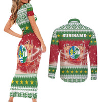 Suriname Christmas Couples Matching Short Sleeve Bodycon Dress and Long Sleeve Button Shirt Coat Of Arms Zalig Kersfeest - Wonder Print Shop