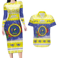 United States Virgin Islands Christmas Couples Matching Long Sleeve Bodycon Dress and Hawaiian Shirt Coat Of Arms With Poinsettia - Wonder Print Shop