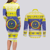 United States Virgin Islands Christmas Couples Matching Long Sleeve Bodycon Dress and Long Sleeve Button Shirt Coat Of Arms With Poinsettia - Wonder Print Shop
